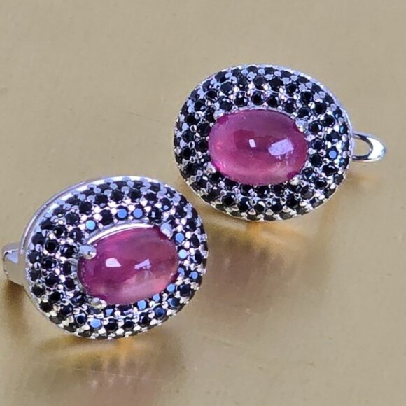 925 Sterling Silver Earrings with Natural Ruby 7x5mm & Spinel Gemstone - Picture 5 of 7